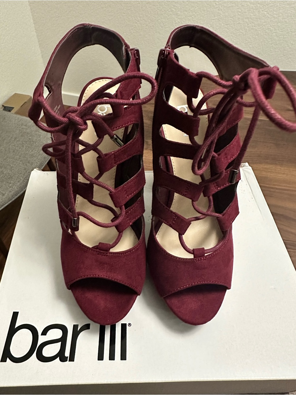 bar III Women's Lace-Up Suede Peep-Toe Heels in Burgundy 8M